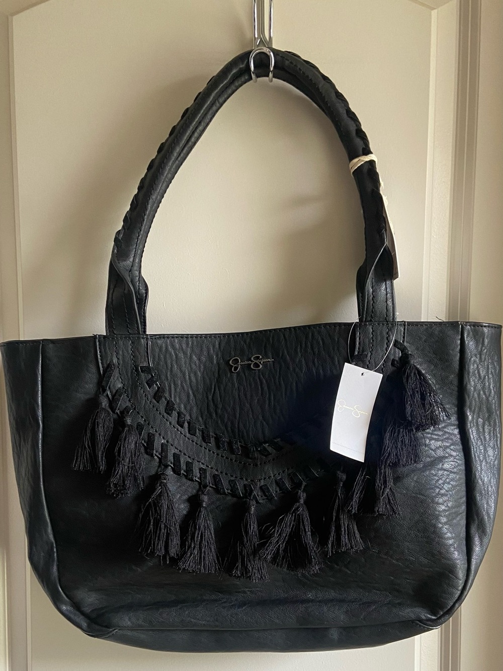 Jessica Simpson Black Tassel Braided-Handle Tote